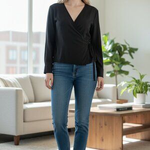 H & M Black Wrap Blouse Women's Size‎ 4 V-Neck Long Sleeve